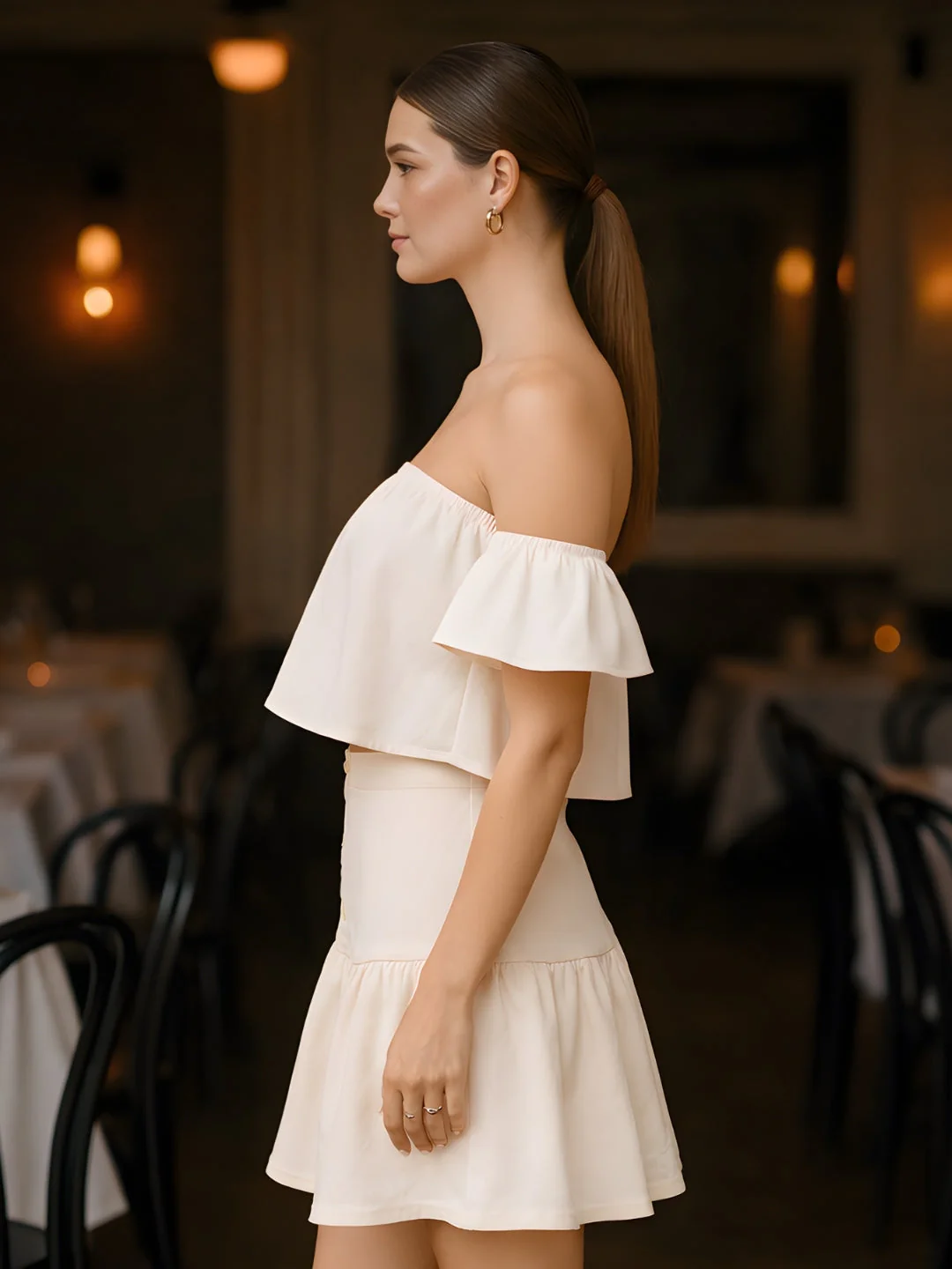 Off White Solid Off-Shoulder Co-ord Set - Image 3