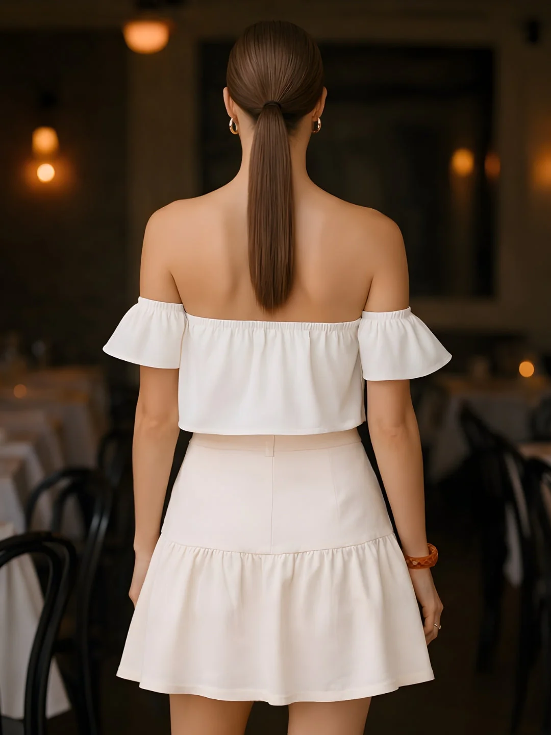 Off White Solid Off-Shoulder Co-ord Set - Image 4