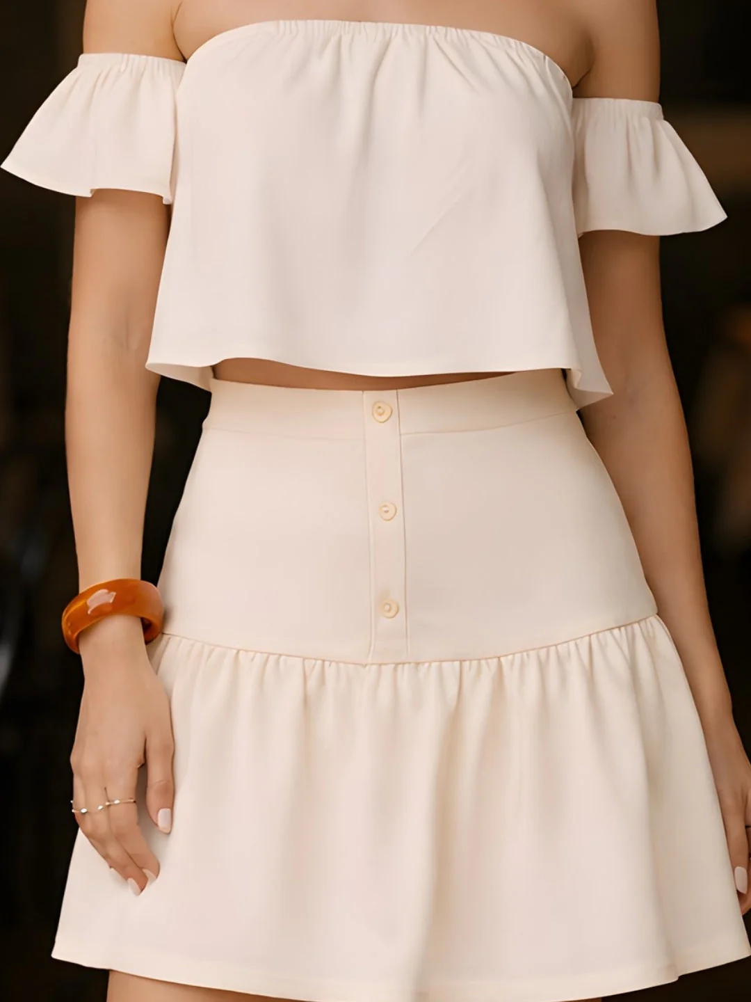Off White Solid Off-Shoulder Co-ord Set - Image 5