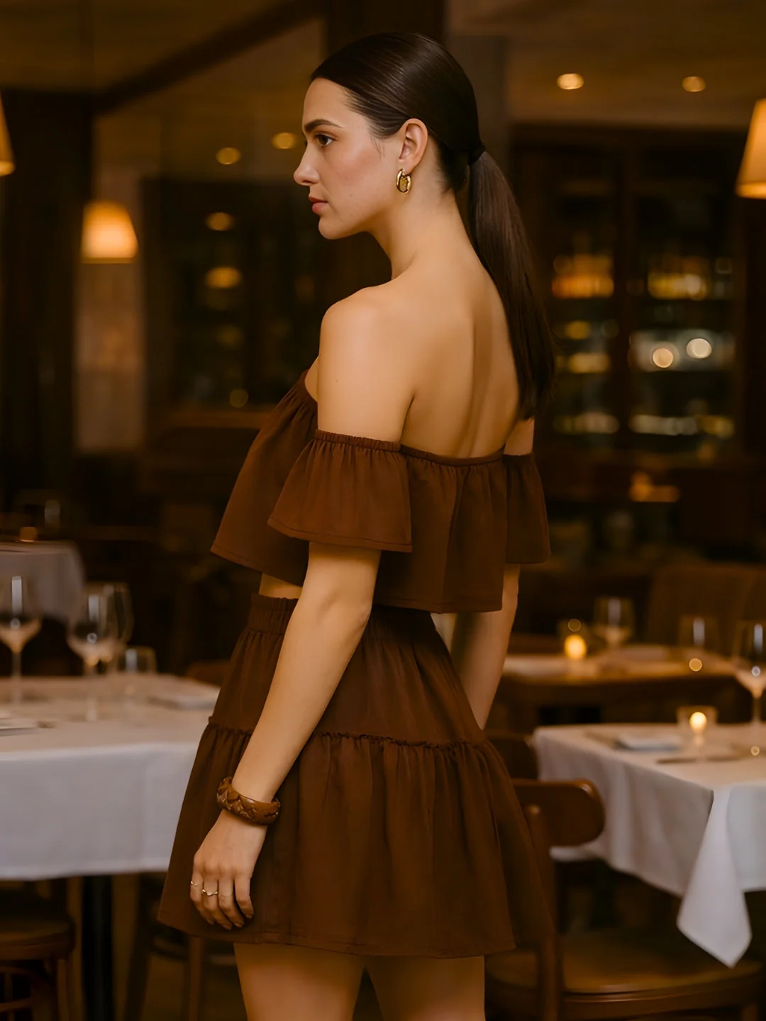 Brown Solid Off-Shoulder Co-ord Set - Image 3