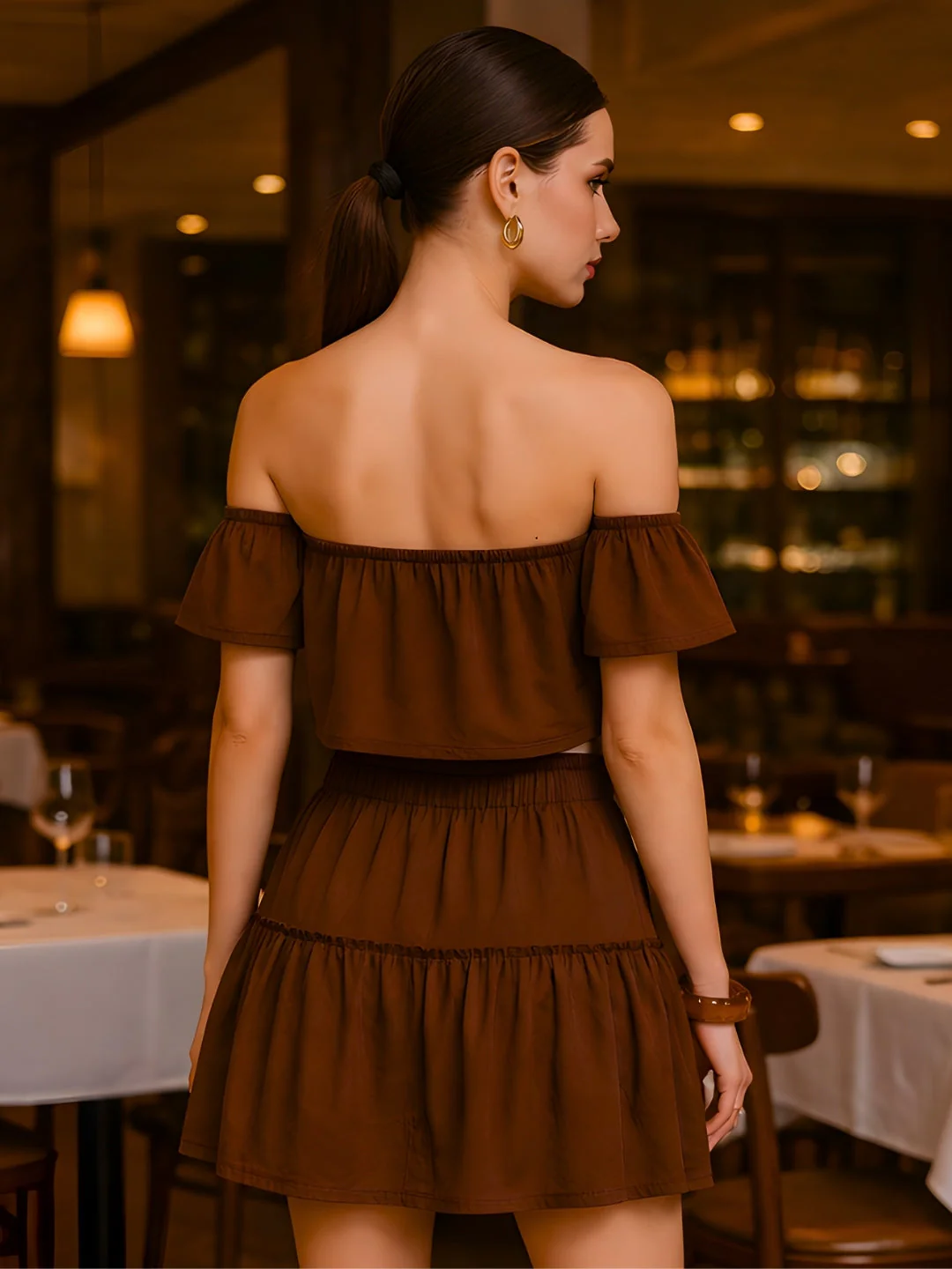 Brown Solid Off-Shoulder Co-ord Set - Image 4