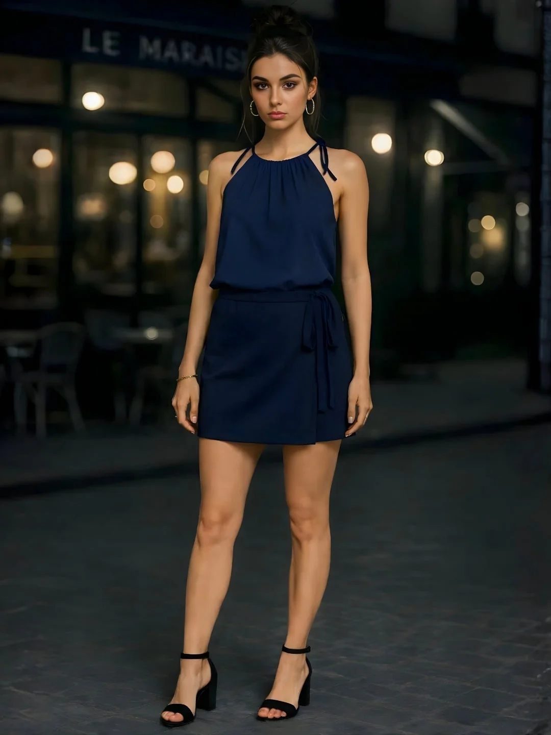 Navy Solid Shoulder Straps Co-ord Set