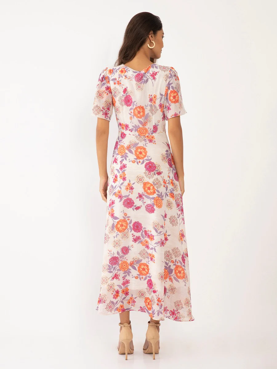 Cream Floral Print Flared Sleeve Maxi - Image 5