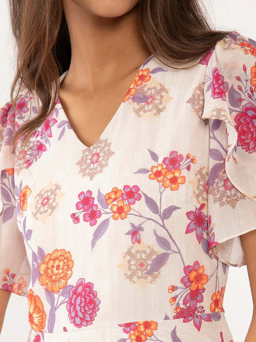 Cream Floral Print Flared Sleeve Maxi - Image 6