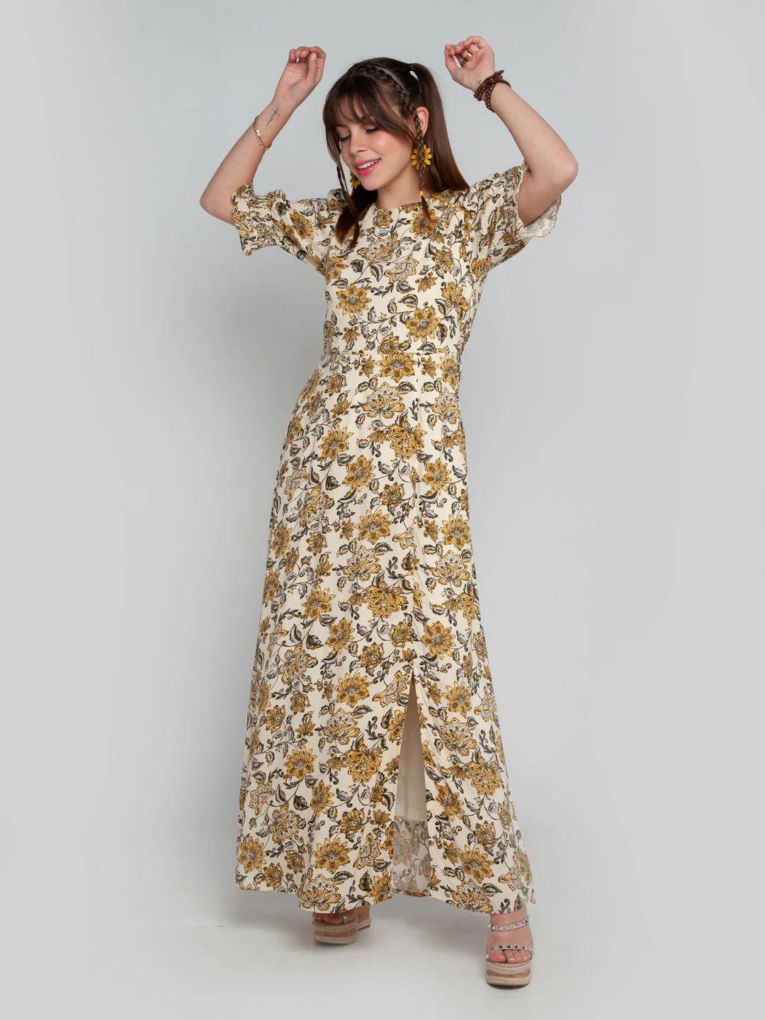 Cream Printed Puff Sleeve Maxi Dress