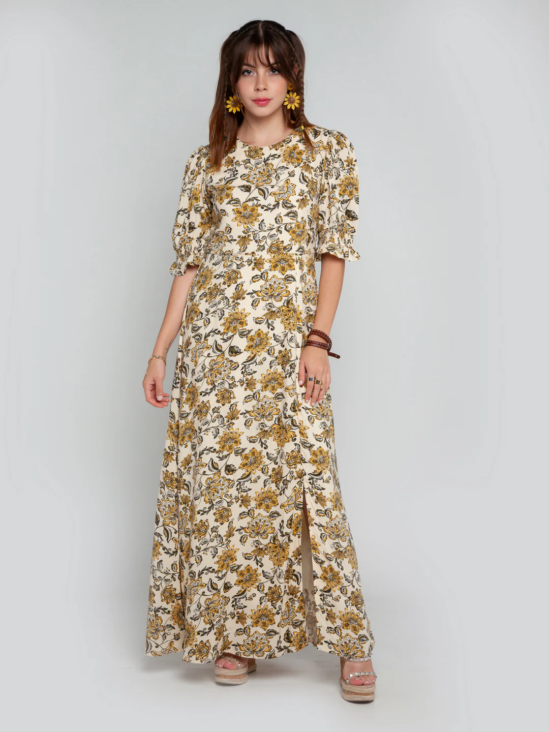 Cream Printed Puff Sleeve Maxi Dress - Image 2