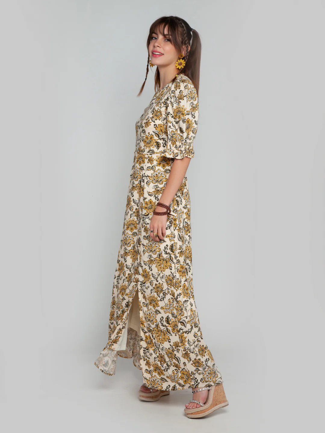 Cream Printed Puff Sleeve Maxi Dress - Image 3
