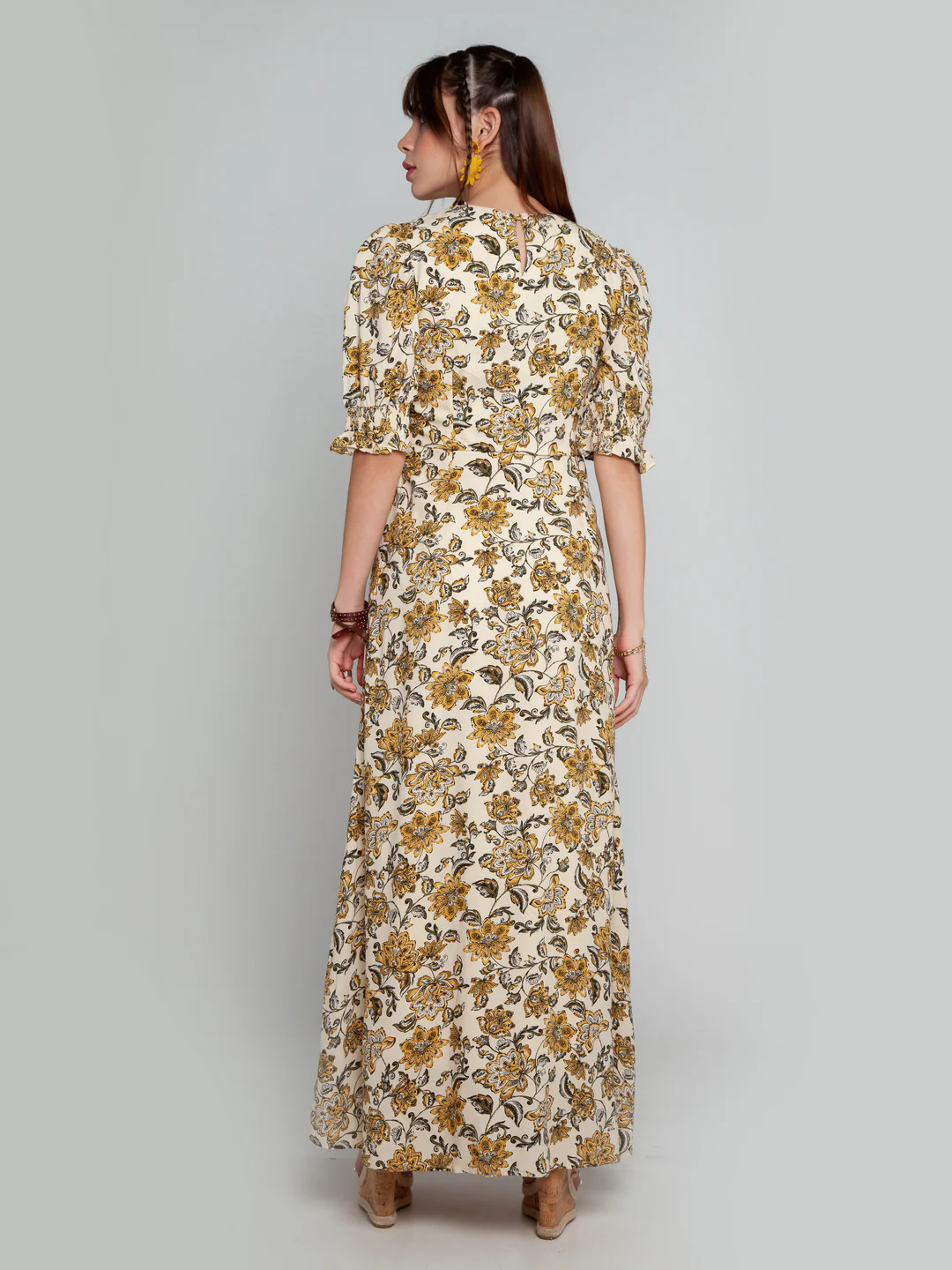 Cream Printed Puff Sleeve Maxi Dress - Image 4