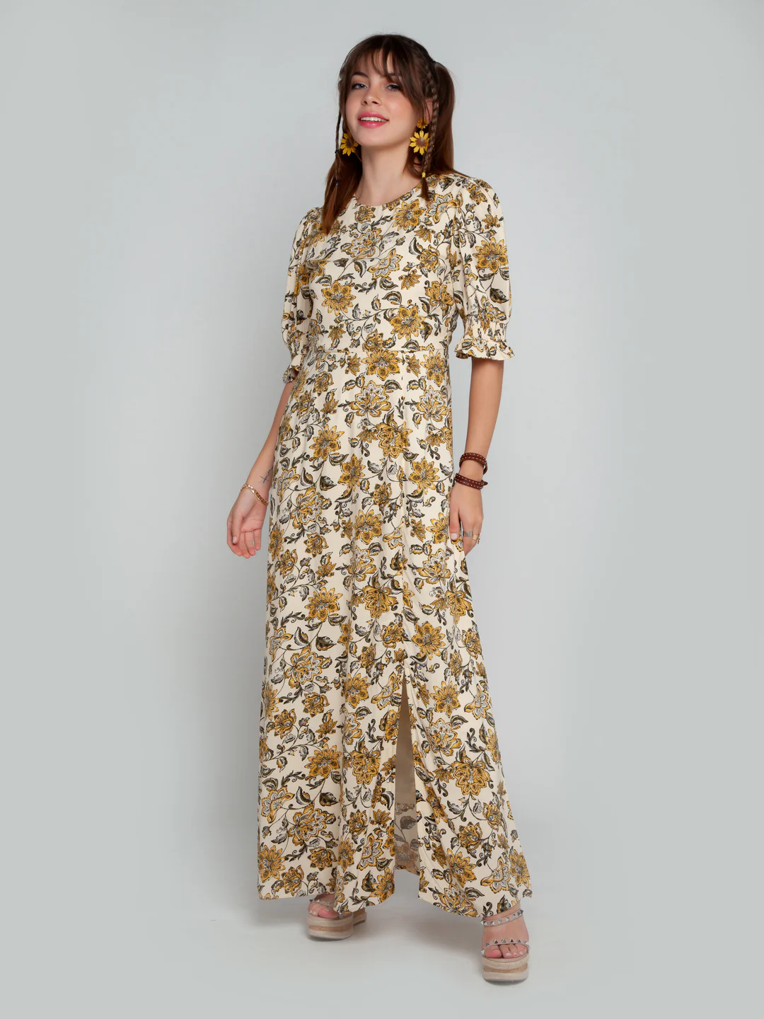 Cream Printed Puff Sleeve Maxi Dress - Image 5