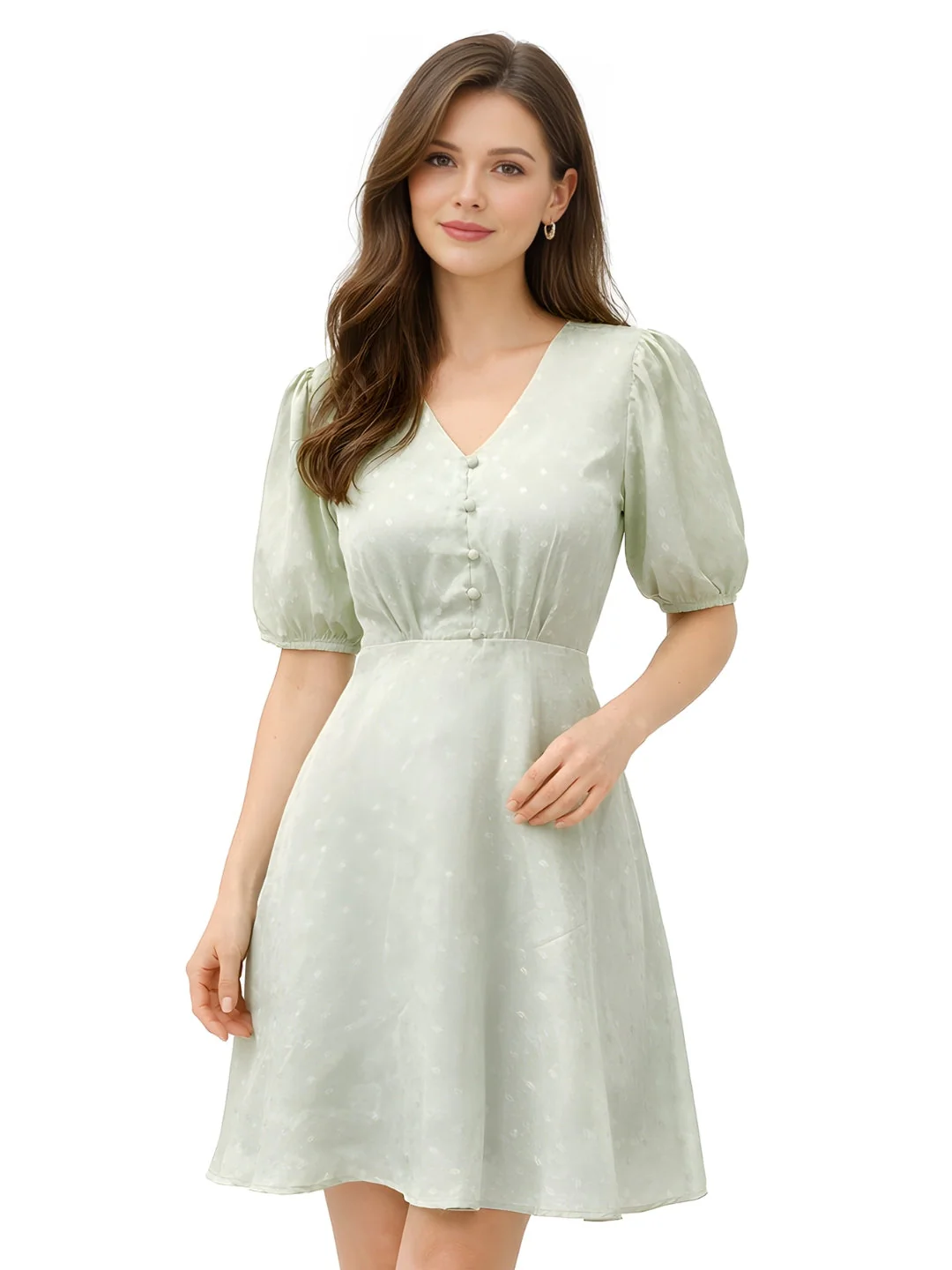 Green Self Design Short Sleeves Short Dress - Image 2