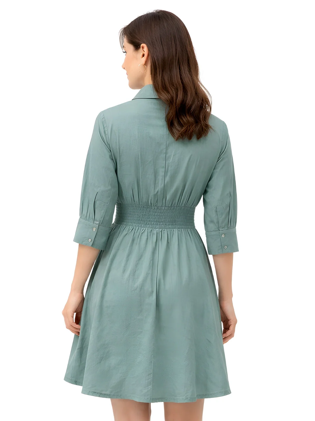 Green Solid Three-Quarter Sleeves Short Dress - Image 3