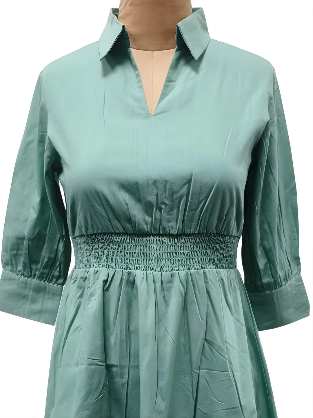 Green Solid Three-Quarter Sleeves Short Dress - Image 4