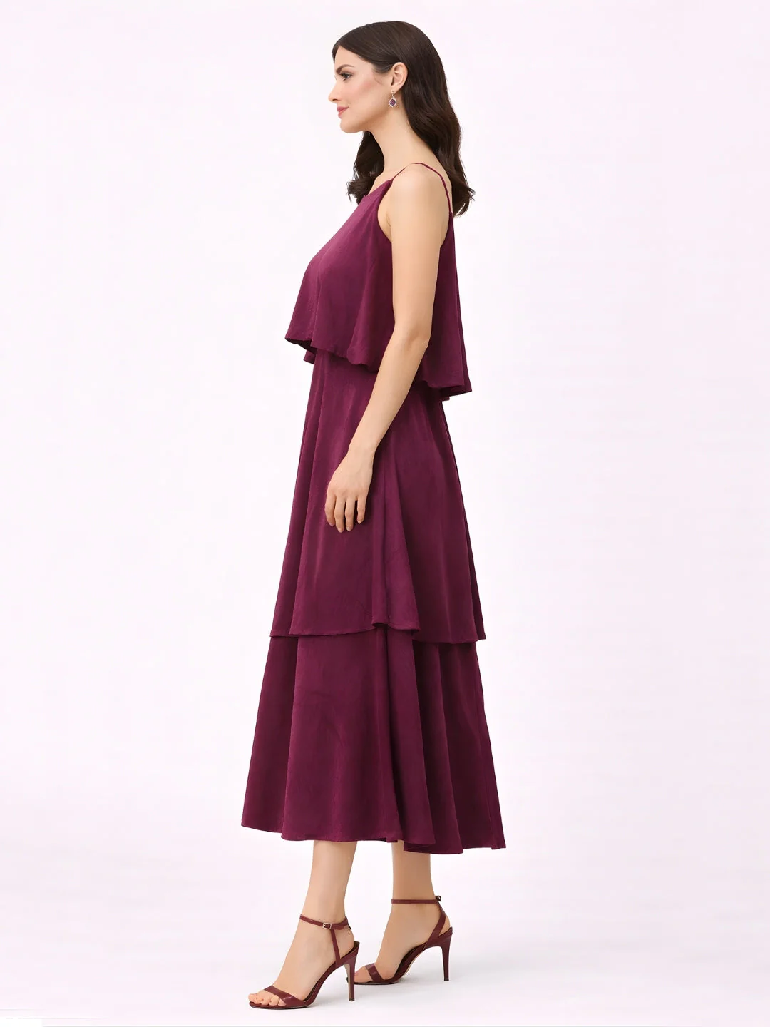 Burgundy Plain Shoulder Straps Midi Dress - Image 2