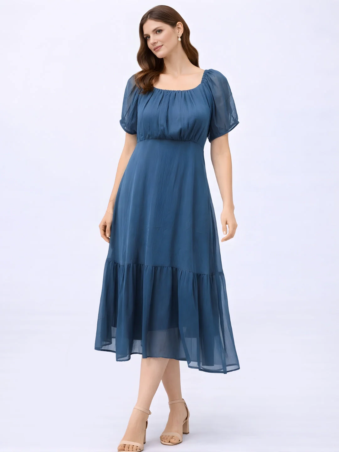 Blue Plain Short Midi Dress