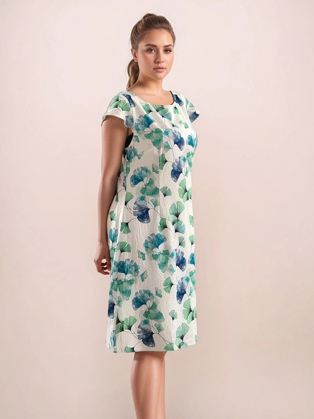 Multi-Colored Tropical Print Short Sleeves Knee-Length Dress - Image 3