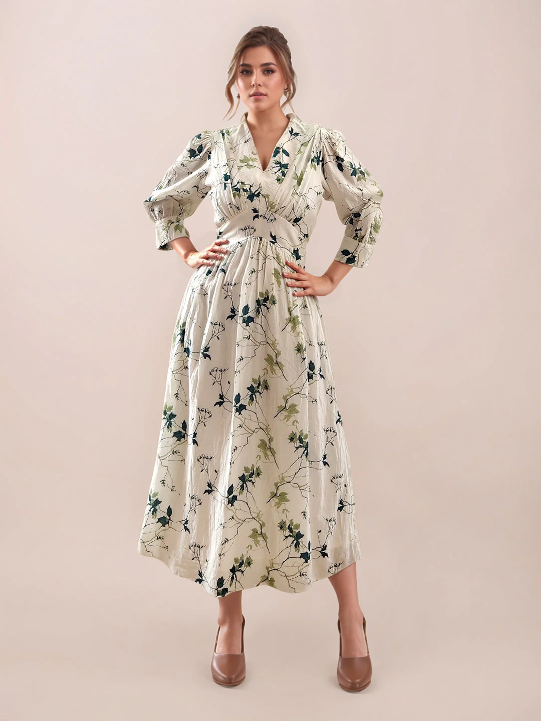 Multi-Colored Tropical Print 3/4th Sleeves Midi Dress - Image 2