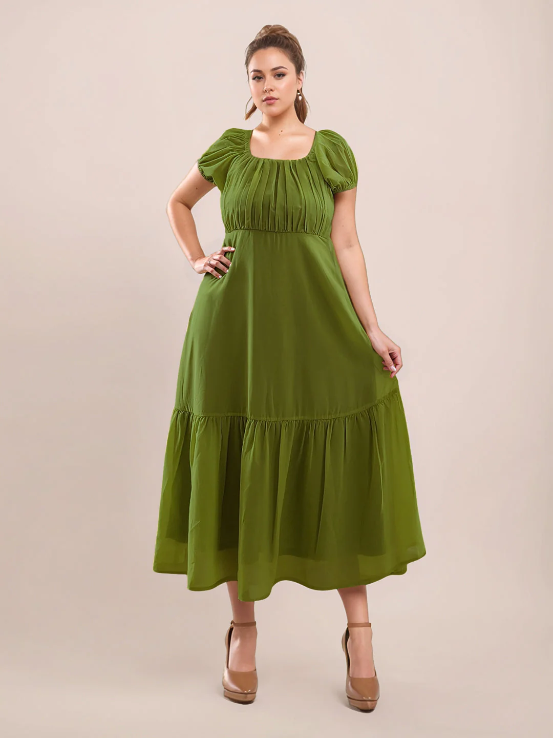 Green Solid Half Sleeves Midi Dress - Image 2