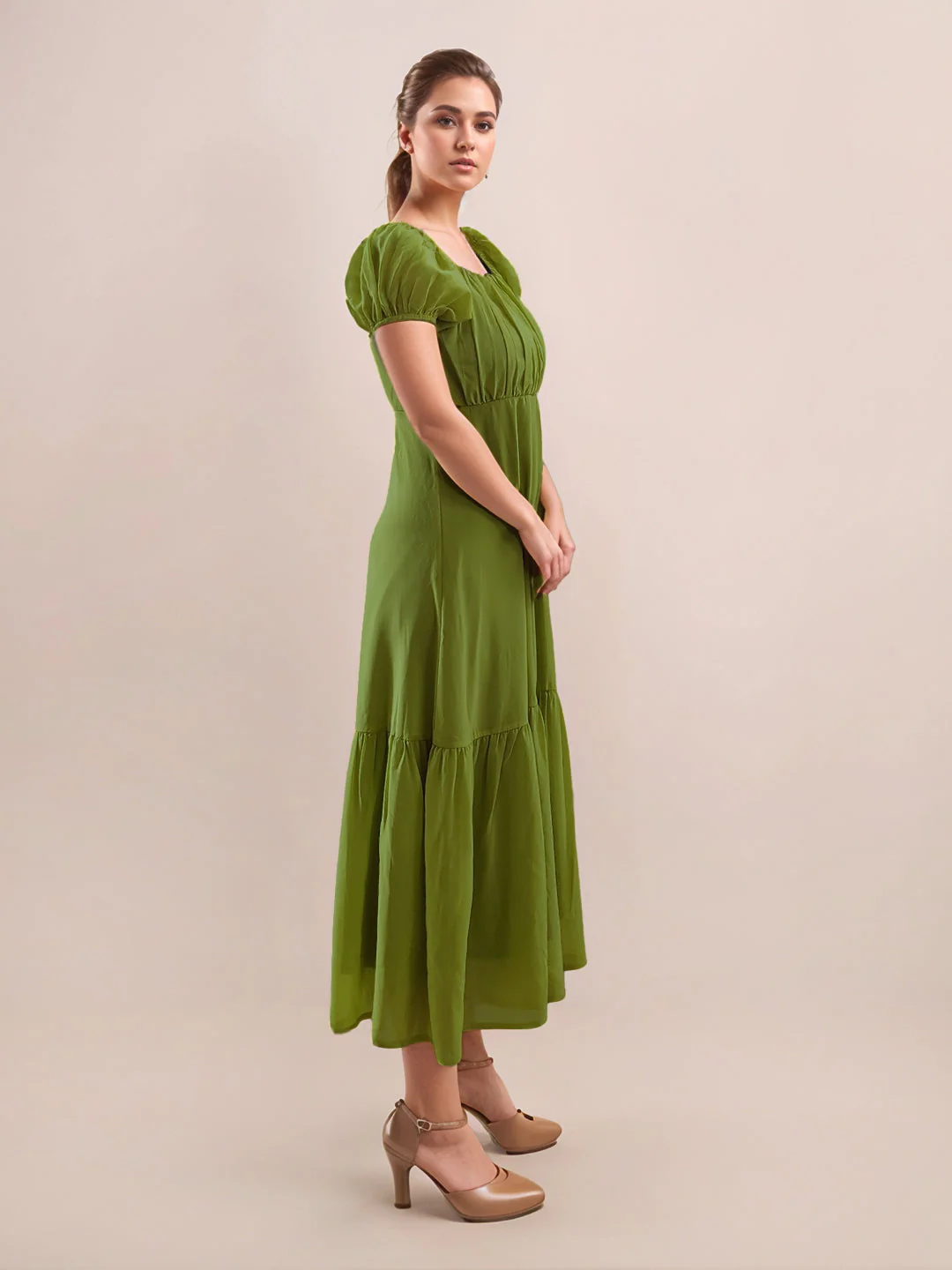 Green Solid Half Sleeves Midi Dress - Image 3