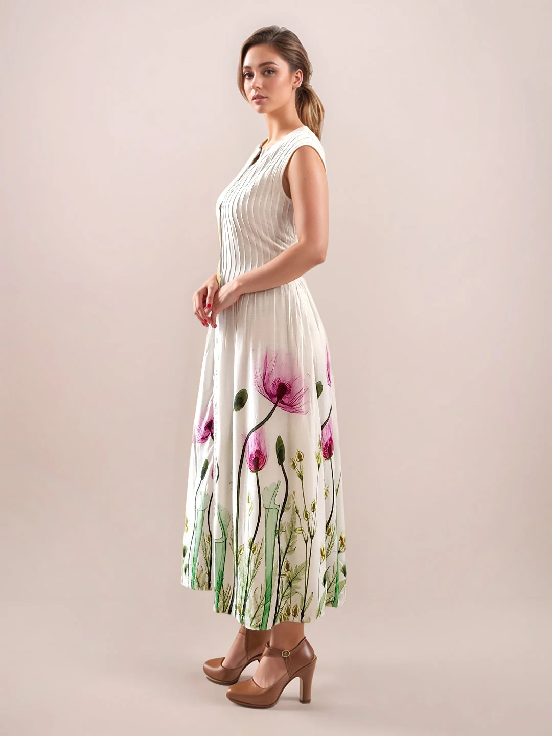 Multi-Colored Tropical Print Sleeveless Midi Dress - Image 3