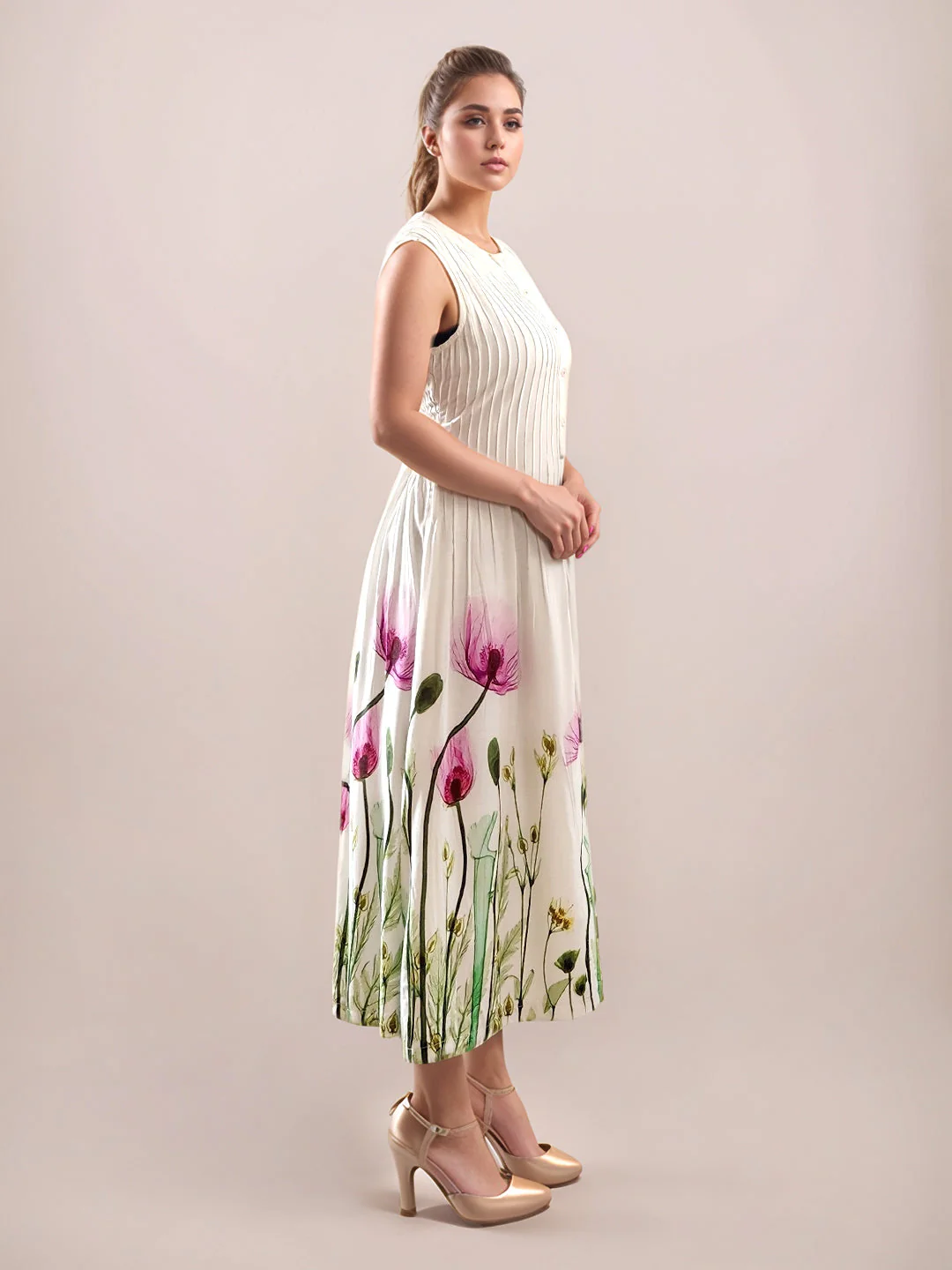 Multi-Colored Tropical Print Sleeveless Midi Dress - Image 5