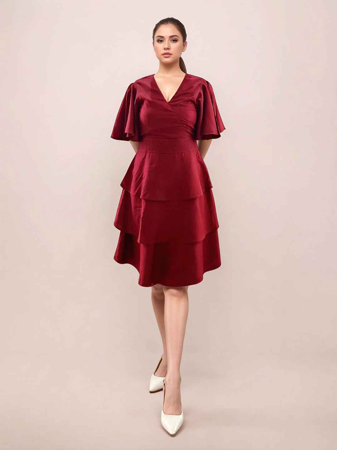 Maroon Textured Short Sleeves Short Dress - Image 2