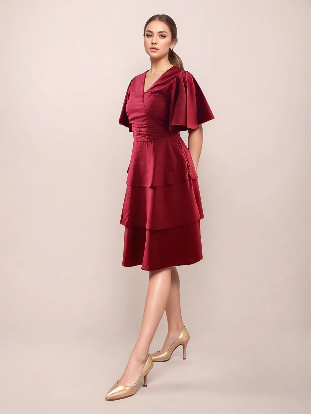 Maroon Textured Short Sleeves Short Dress - Image 3