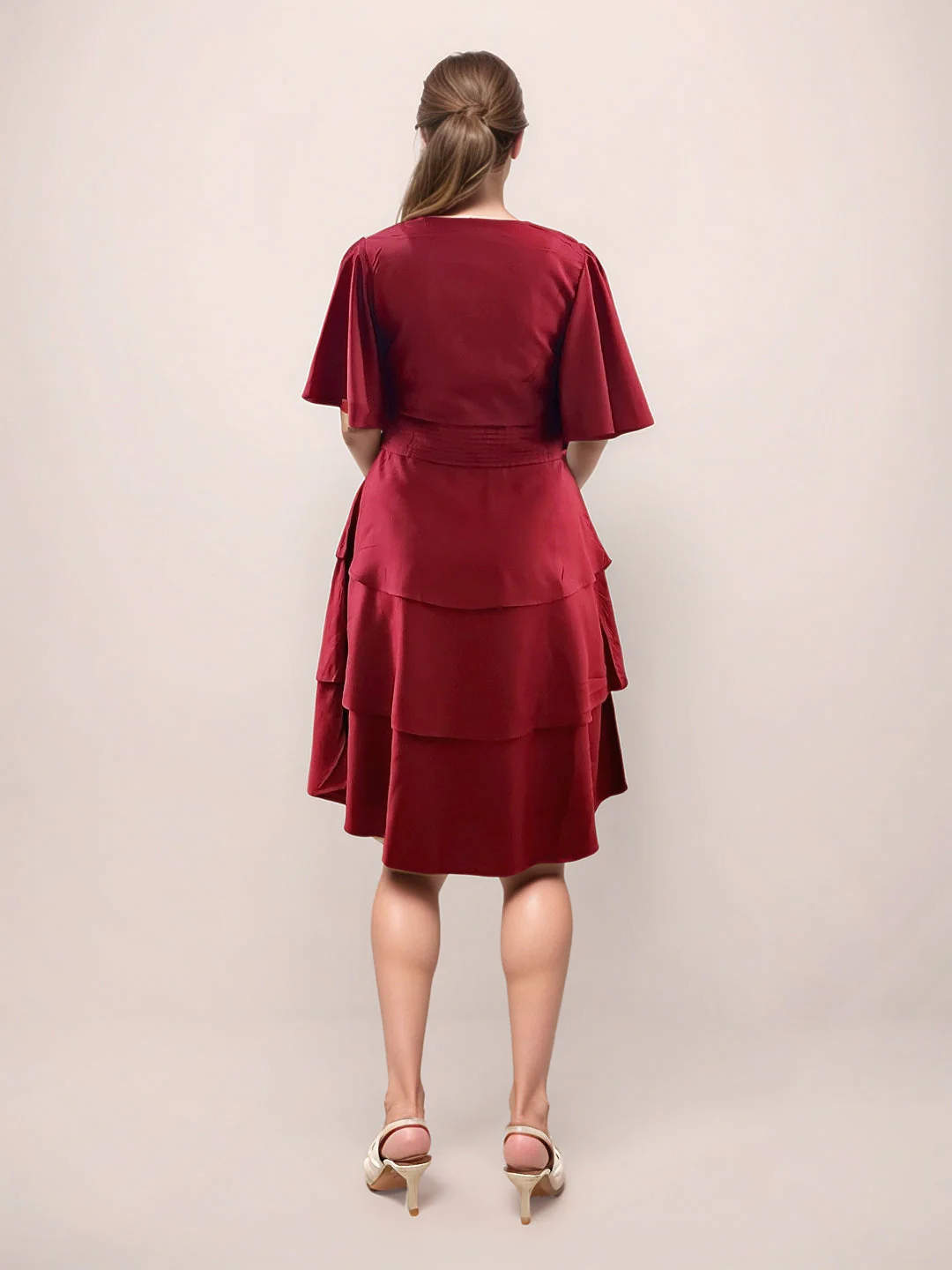 Maroon Textured Short Sleeves Short Dress - Image 4