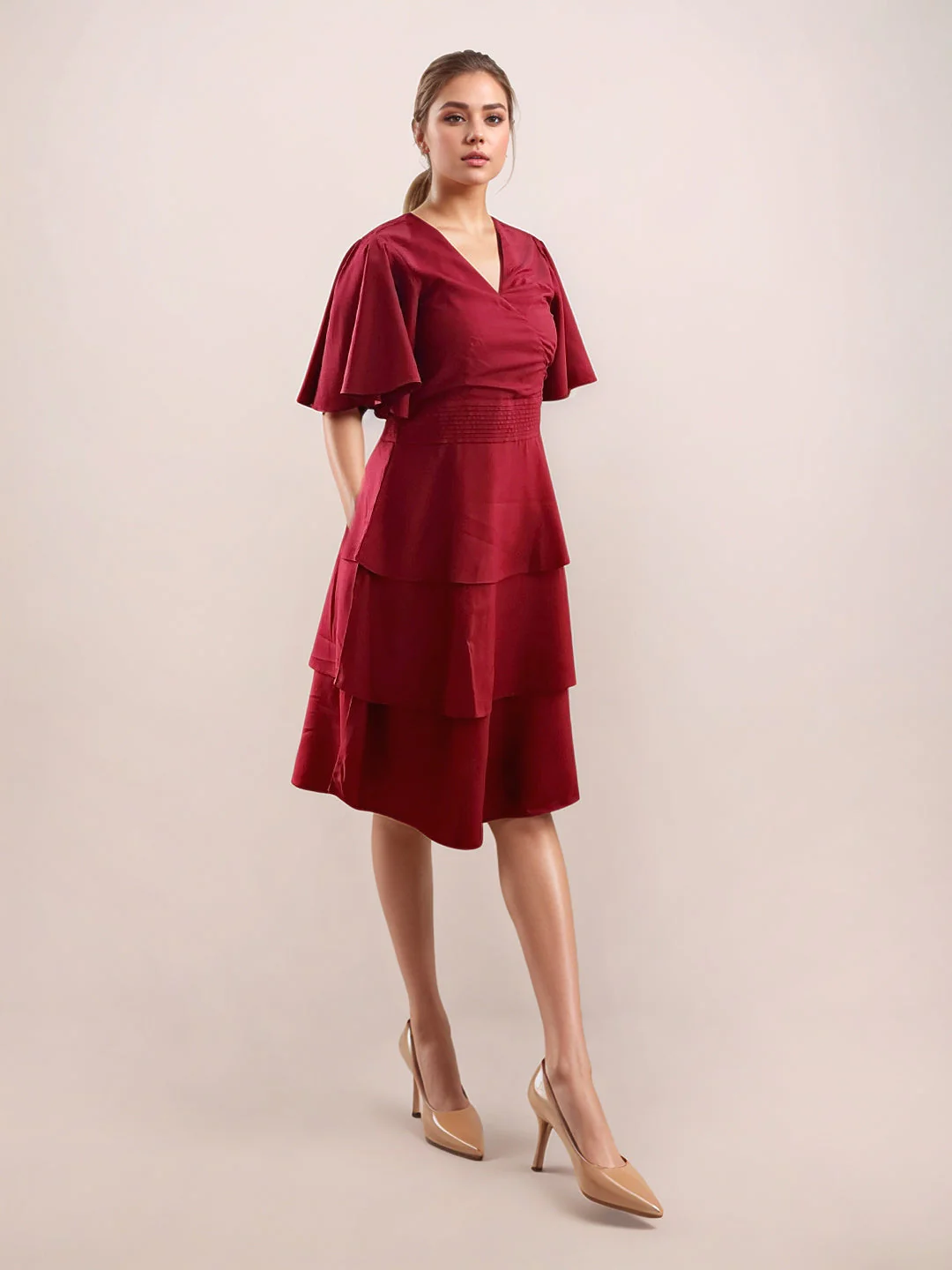 Maroon Textured Short Sleeves Short Dress - Image 5