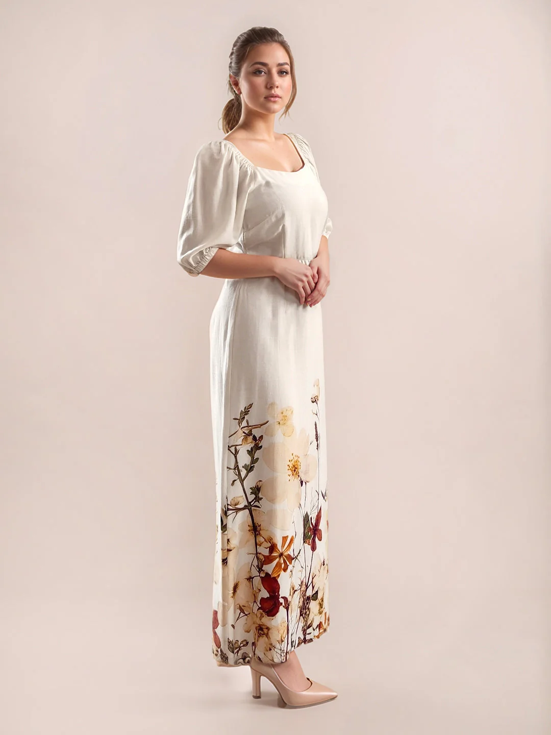 Multi-Colored Tropical Print Half Sleeves Midi - Image 3