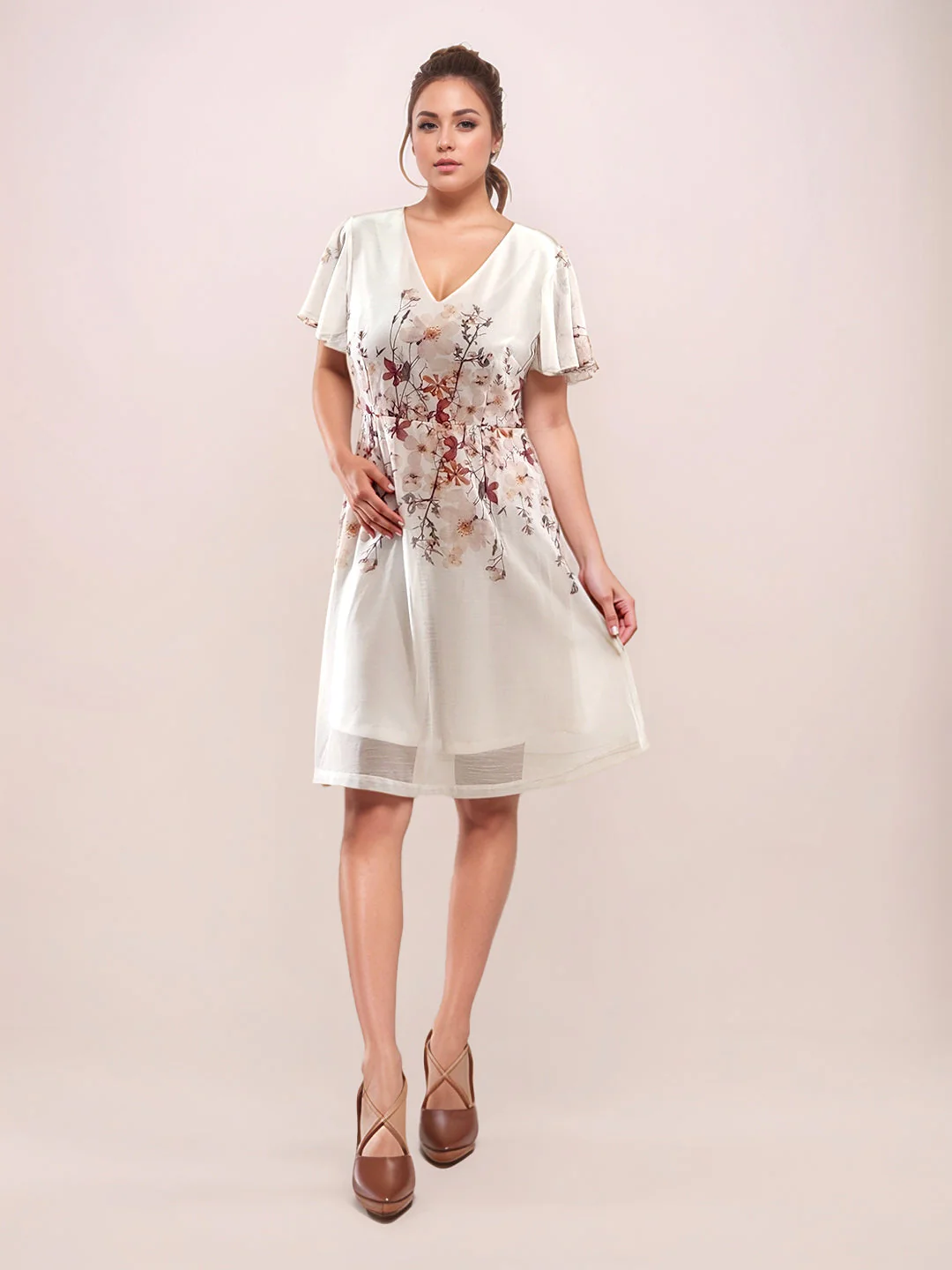 Multi-Colored Tropical Print Half Sleeves Midi Dress