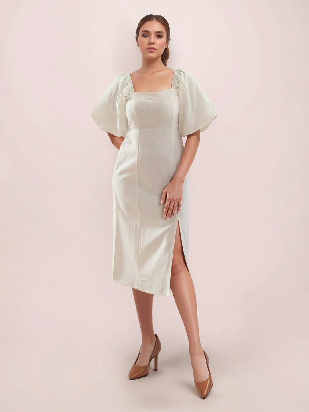 Off White Solid Long Sleeves Midi Dress