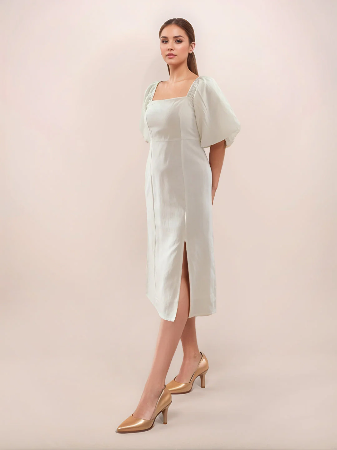 Off White Solid Long Sleeves Midi Dress - Image 5