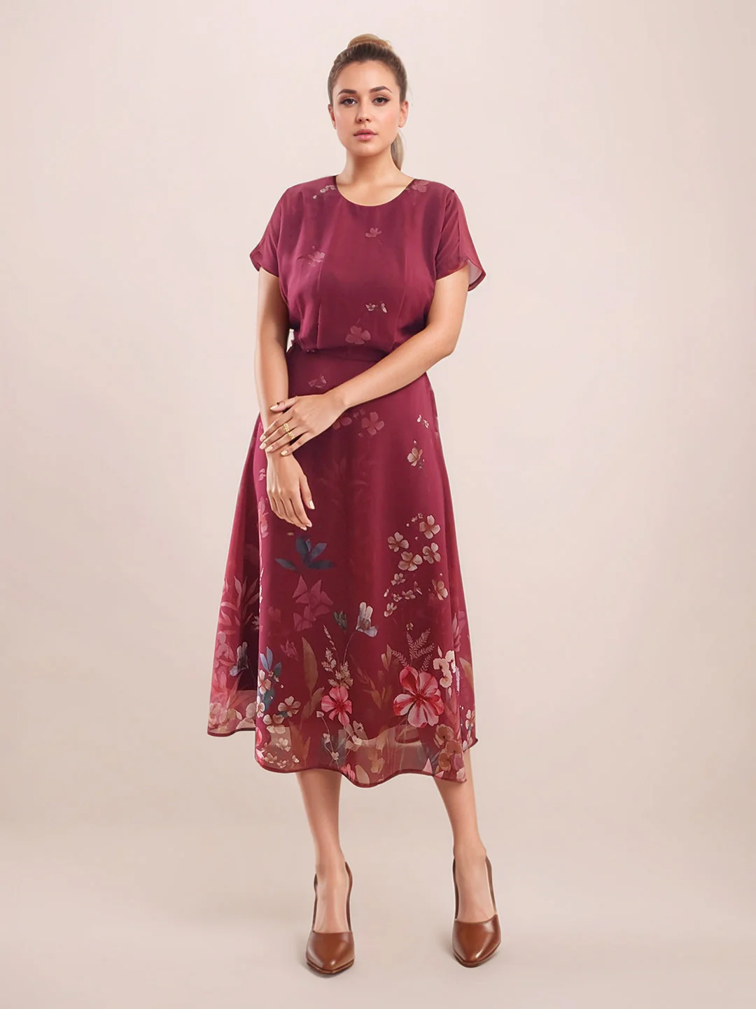 Maroon Floral Short Sleeves Midi Dress