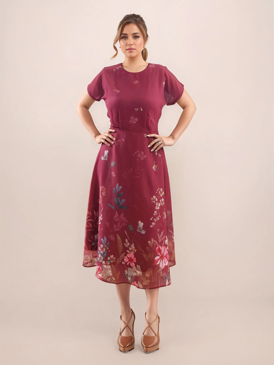 Maroon Floral Short Sleeves Midi Dress - Image 2
