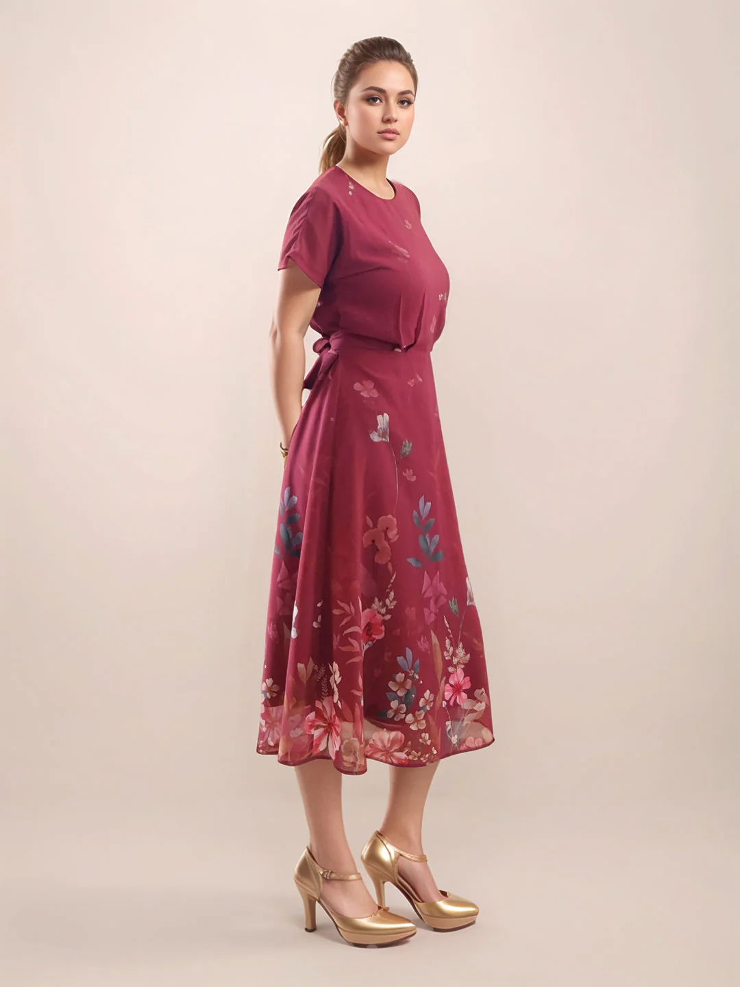 Maroon Floral Short Sleeves Midi Dress - Image 3