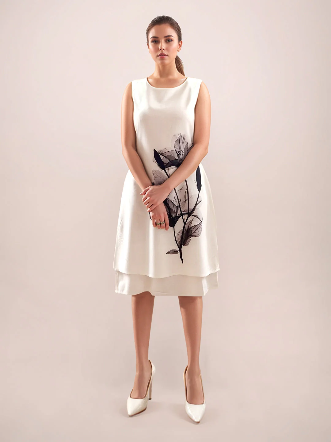 White Floral Sleeveless Midi Dress - Image 2