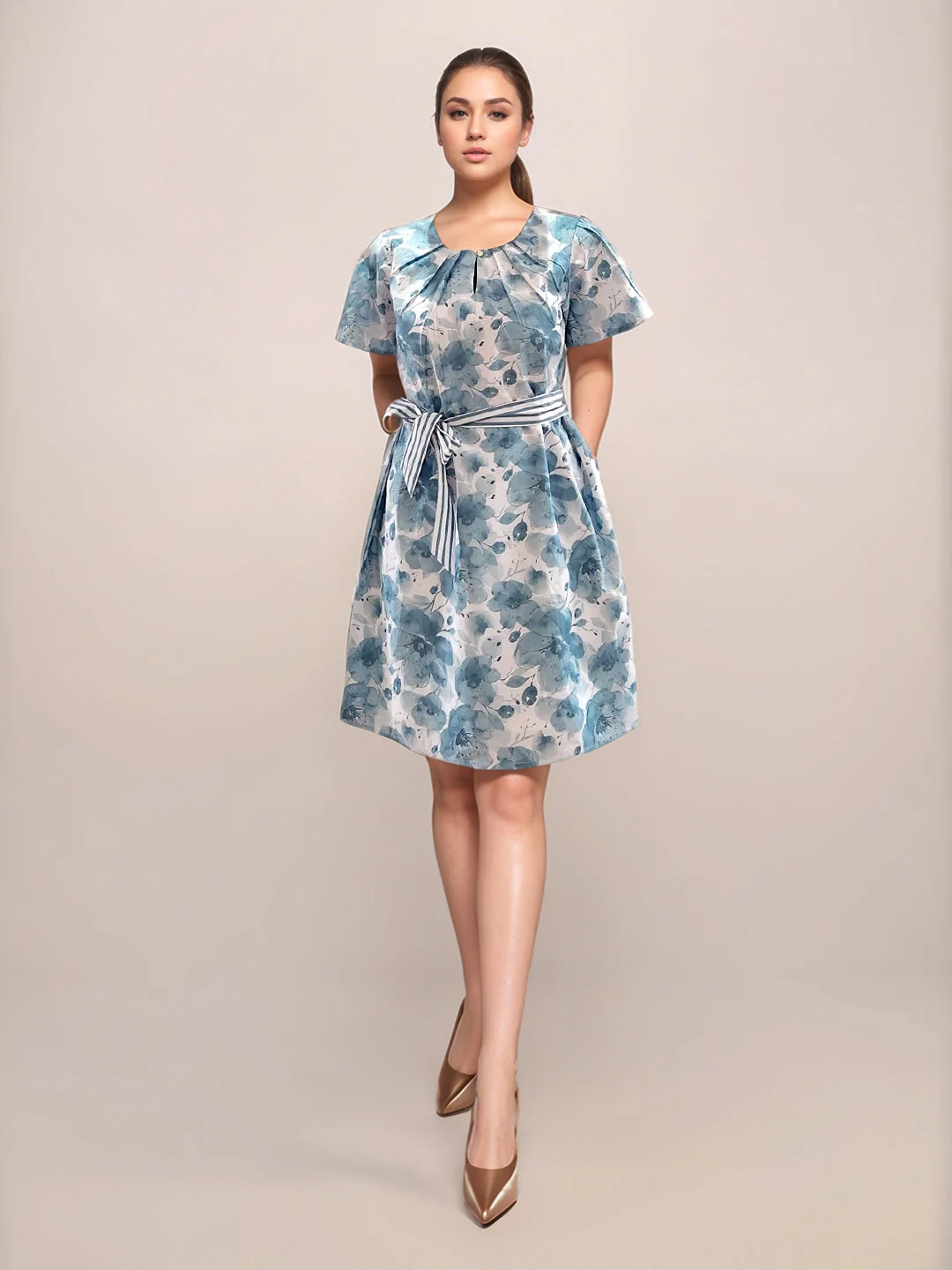 Blue Floral Short Sleeves Short Dress