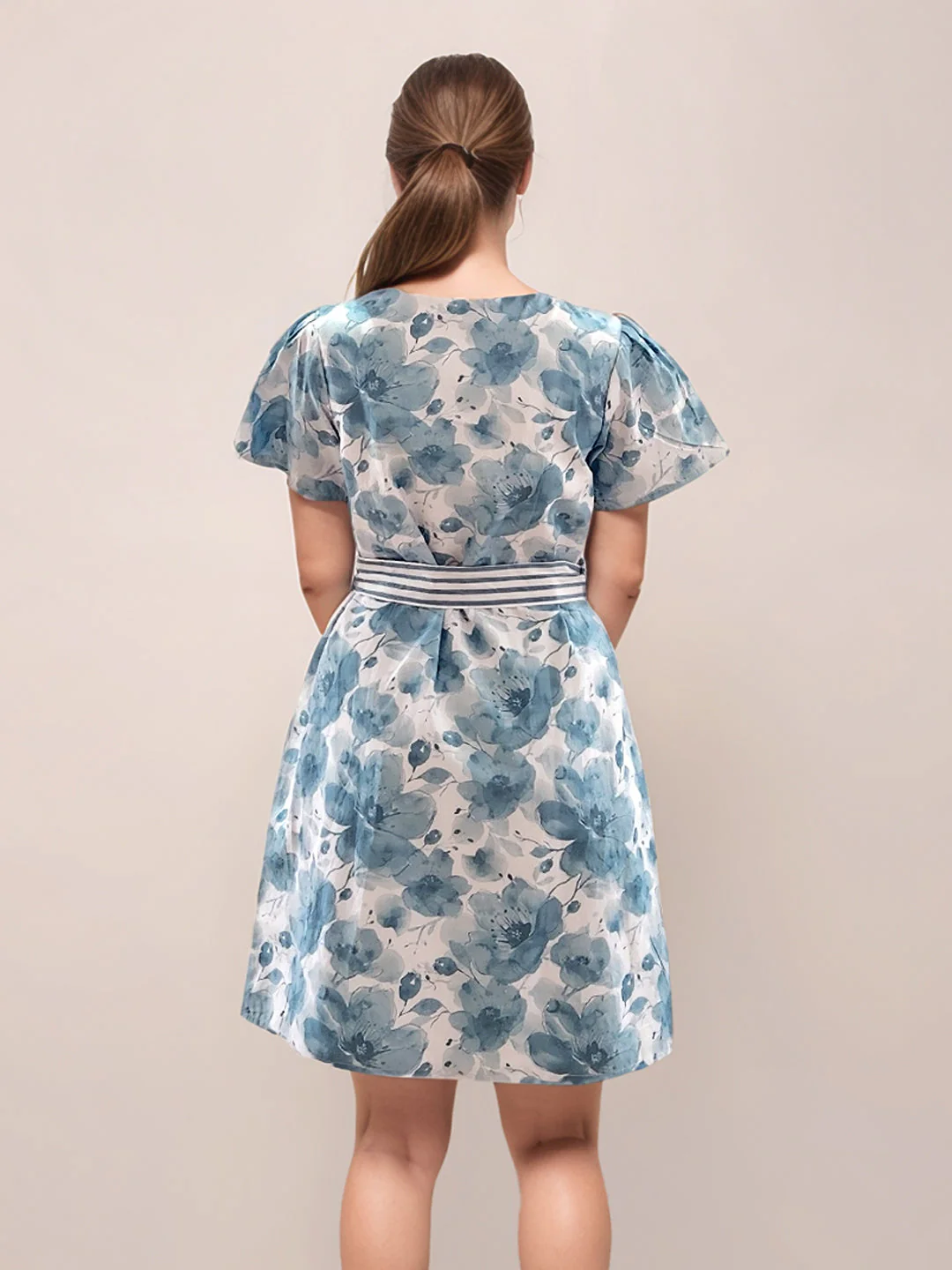 Blue Floral Short Sleeves Short Dress - Image 4