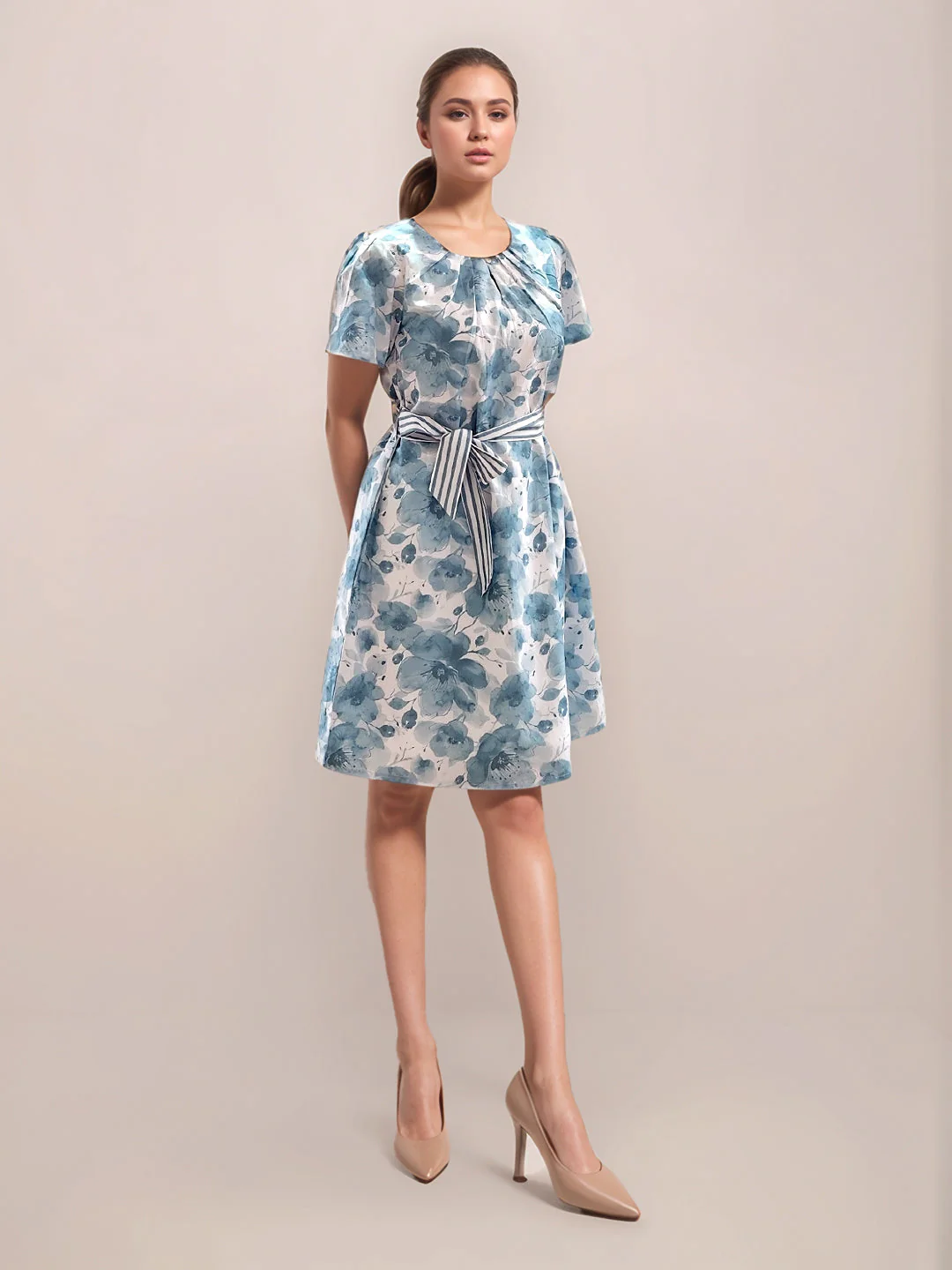 Blue Floral Short Sleeves Short Dress - Image 5