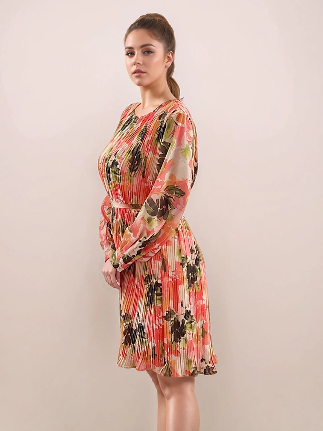 Multi-Colored Floral Prints Long Sleeves Short Dress - Image 3