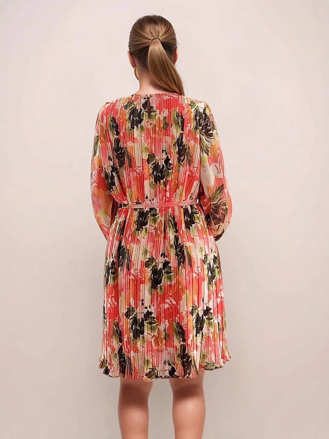 Multi-Colored Floral Prints Long Sleeves Short Dress - Image 4