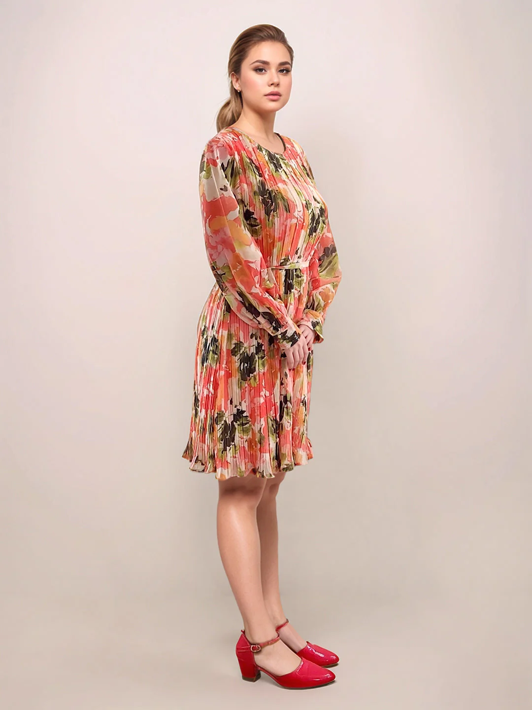 Multi-Colored Floral Prints Long Sleeves Short Dress - Image 5