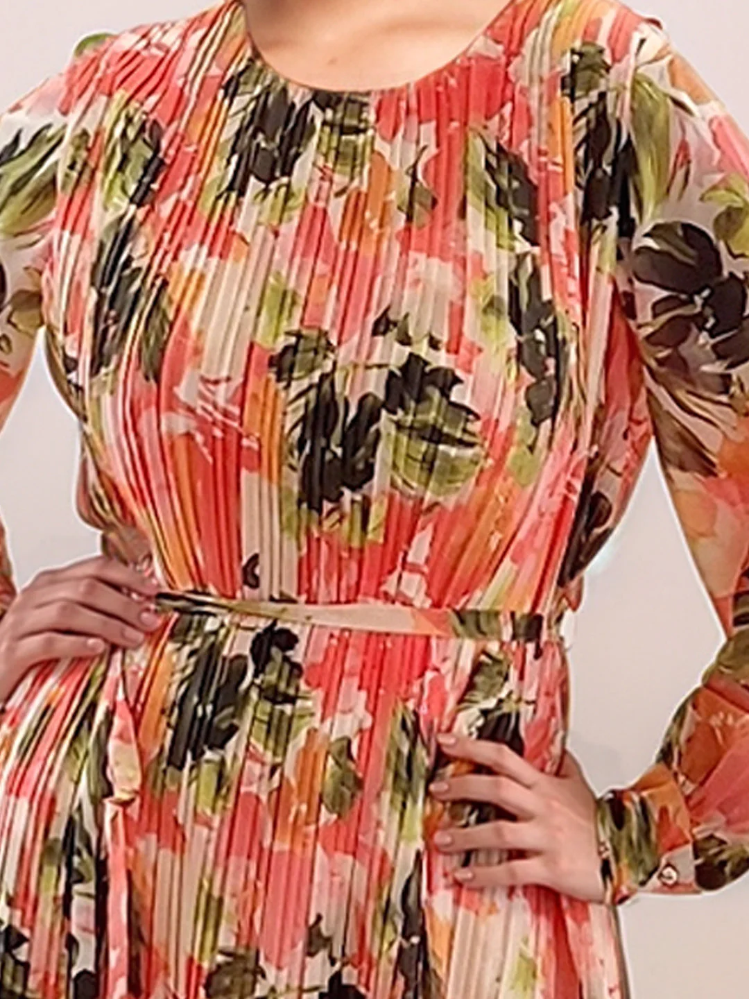 Multi-Colored Floral Prints Long Sleeves Short Dress - Image 6