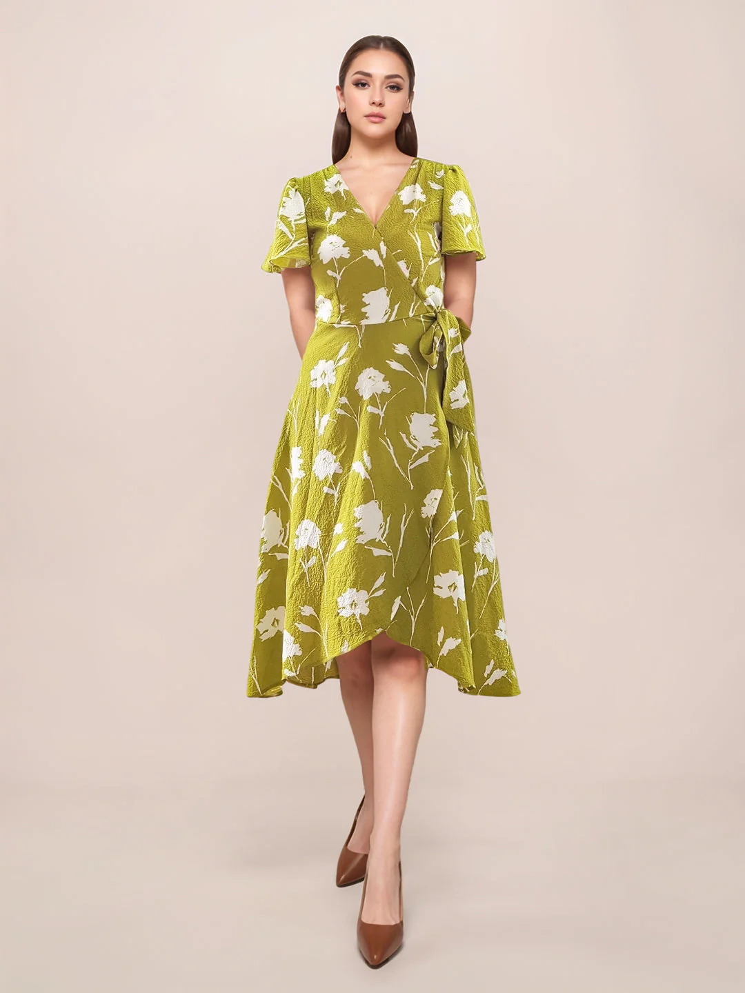 Green Floral Prints Short Sleeves Short Dress
