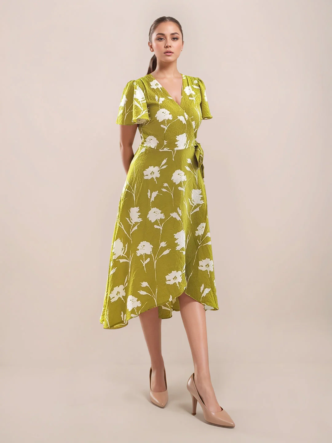 Green Floral Prints Short Sleeves Short Dress - Image 3