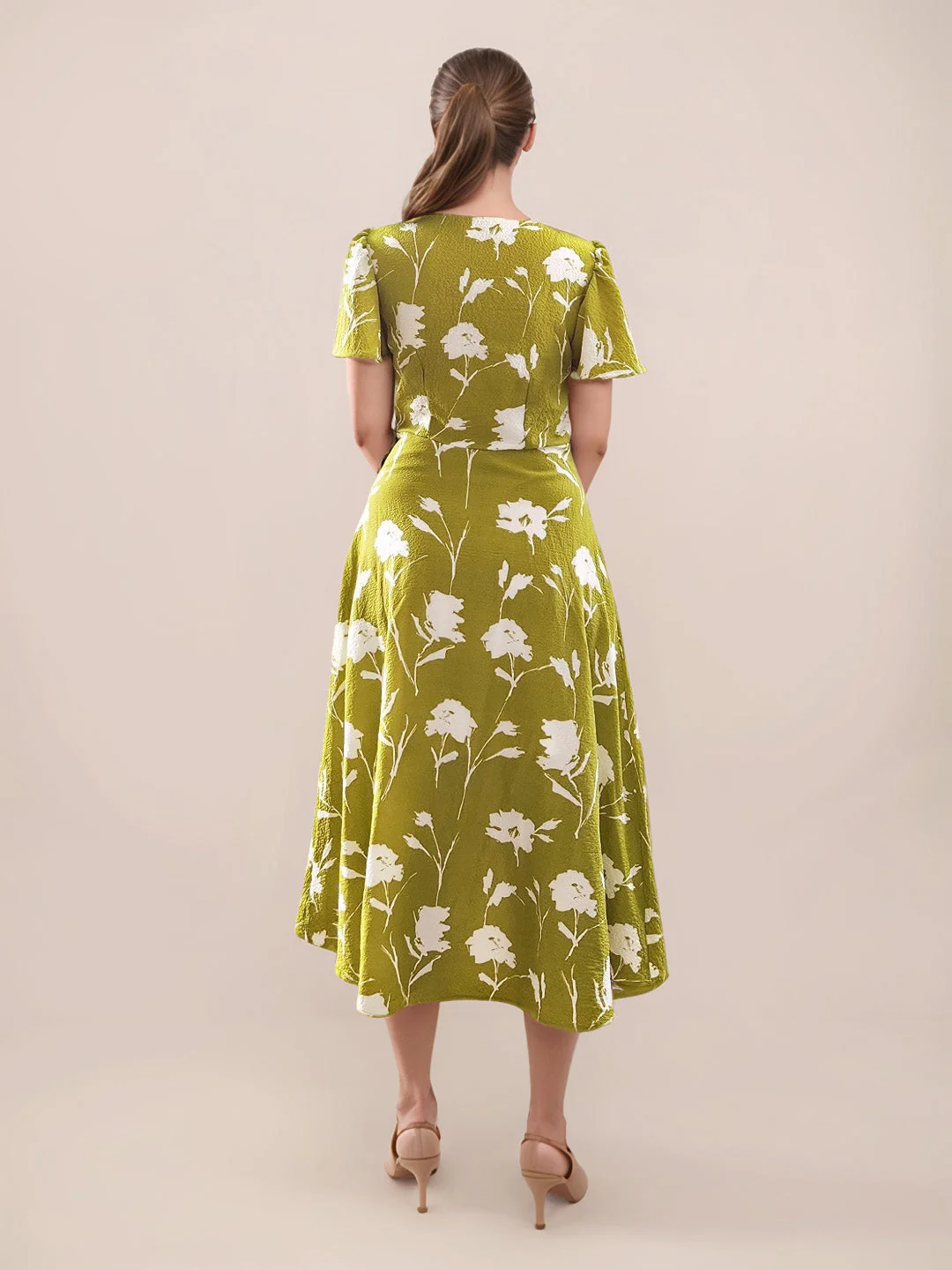 Green Floral Prints Short Sleeves Short Dress - Image 4