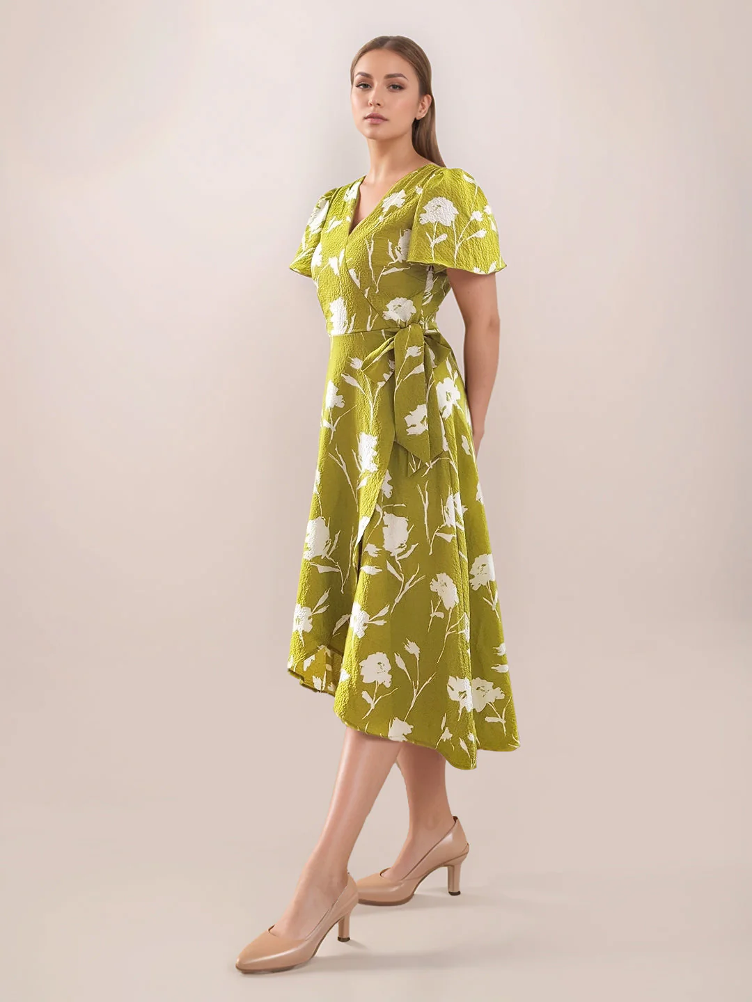 Green Floral Prints Short Sleeves Short Dress - Image 5