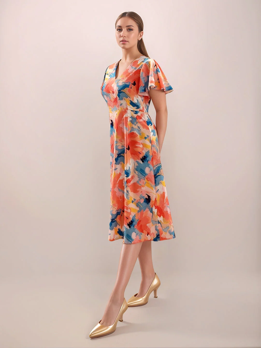 Multi-Colored Floral Prints Half Sleeves Midi Dress - Image 3