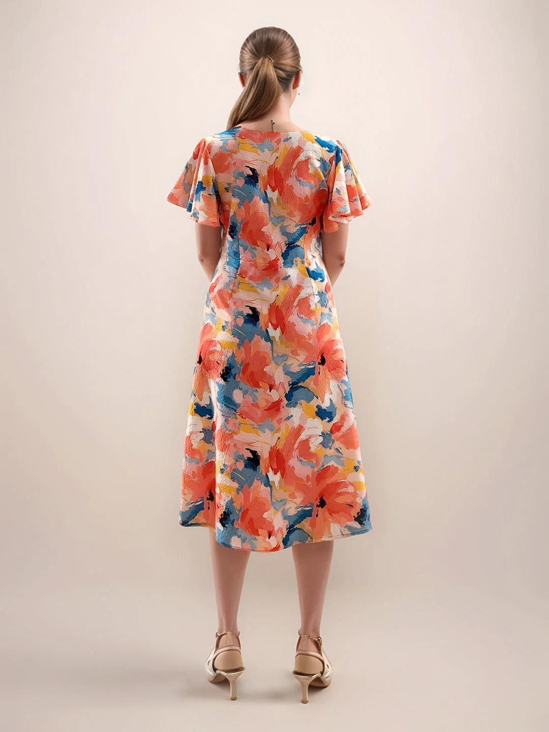 Multi-Colored Floral Prints Half Sleeves Midi Dress - Image 4