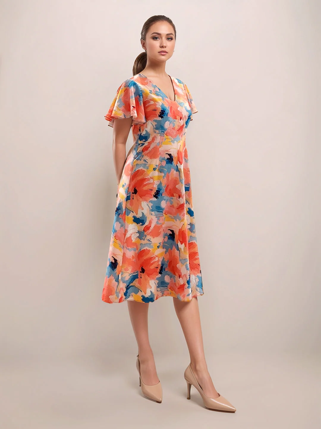 Multi-Colored Floral Prints Half Sleeves Midi Dress - Image 5
